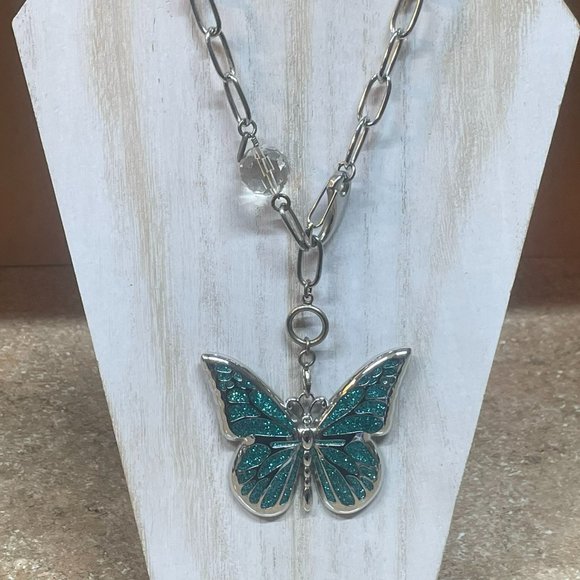 VINTAGE JEWEL KADE OVERSIZE LINK NECKLACE W/ HARVEY LEWIS BIG ENAMEL BUTTERFLY - Picture 3 of 13